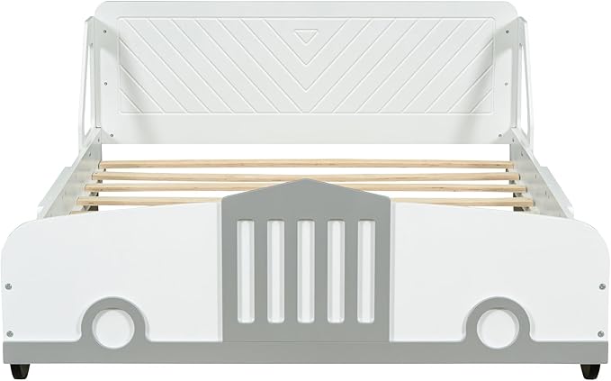 Full Size Car-Shaped Bed Frame for Kids,Wooden Platform Bed with Wheels and Side Rails for for Boys Girls,Wood Slat Supports,No Box Spring Needed,White - LeafyLoom