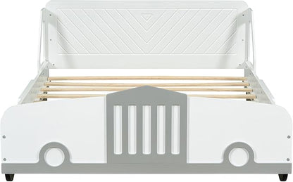 Full Size Car-Shaped Bed Frame for Kids,Wooden Platform Bed with Wheels and Side Rails for for Boys Girls,Wood Slat Supports,No Box Spring Needed,White - LeafyLoom