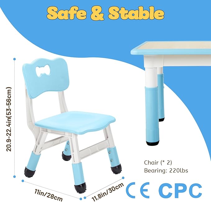 FUNLIO Adjustable Kids Chair (2pcs), 3 Level Height Adjustable Toddler Chair for Ages 3-8, Sturdy Child Chair with Maximum Bearing 220lbs, for Classrooms/Daycares/Homes, CPC & CE Approved - Blue - LeafyLoom