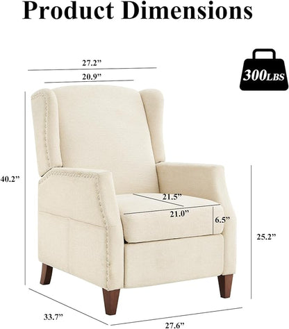 COLAMY Wingback Pushback Recliner Chair with Storage Pocket, Upholstered Fabric Living Room Chair Armchair with Wood Legs and Nailhead Trim, Beige - LeafyLoom