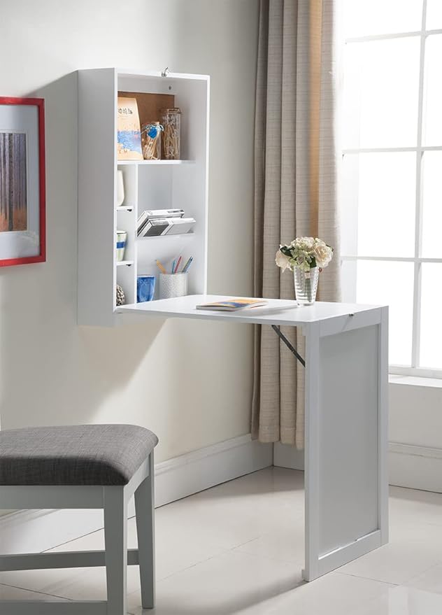 KB Designs - Wall Mounted Fold Out Floating Desk Table with Storage Shelves, White - LeafyLoom