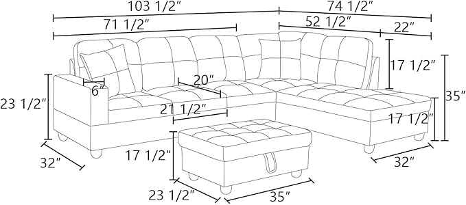 ROOMTEC Button L Shape 3 Piece Sectional Sofa Set, Upholstered Corner Couch with Storage Ottoman, Faux Leather Tufted Cushions, for Living Room, Apartment, 103inch, White w/Right Chaise Lounge - LeafyLoom