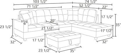 ROOMTEC Button L Shape 3 Piece Sectional Sofa Set, Upholstered Corner Couch with Storage Ottoman, Faux Leather Tufted Cushions, for Living Room, Apartment, 103inch, White w/Right Chaise Lounge - LeafyLoom