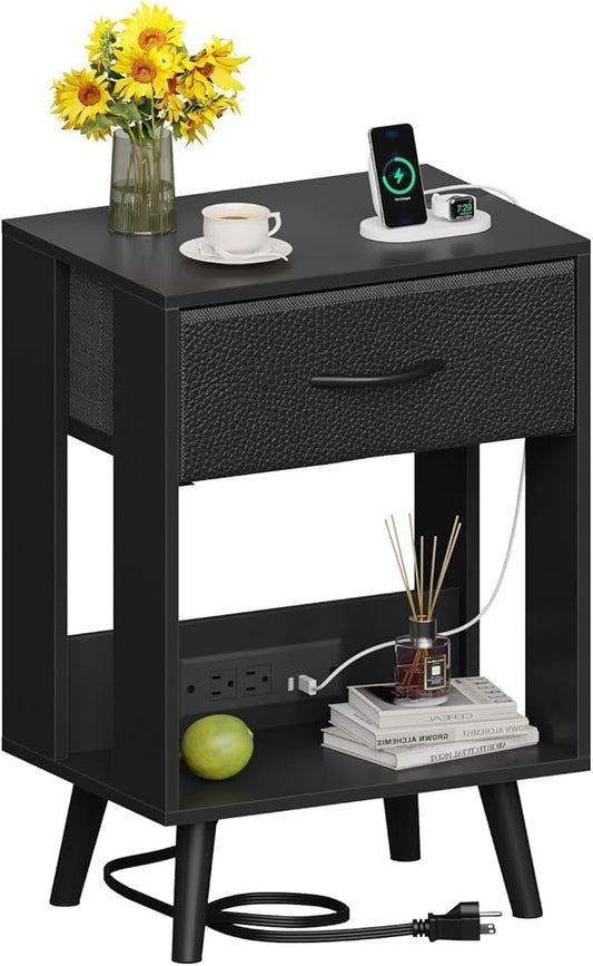 Nightstand with Charging Station and Fabric Drawer, Side Table with Storage for Bedroom, Night Stand with Open Wood Shelf for Bedroom, Bedside Tables - Black - LeafyLoom