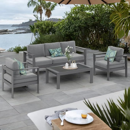 Solaste Aluminum Patio Furniture Set, 4 Pcs Modern Outdoor Conversation Set Sectional Sofa with Upgrade Cushion and Coffee Table,Grey - LeafyLoom