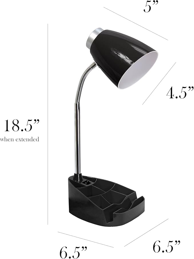 Simple Designs LD1067-BLK Compartmental Desk Lamp with iPhone/iPad/Tablet Stand, Bendable Gooseneck, for Office, Living Room, Nightstand, Library, Entryway, Black - LeafyLoom