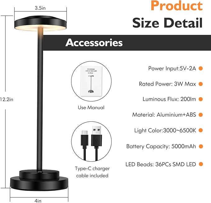 Cordless Table Lamp, Rechargeable Lamps, 5000mAh Battery Operated, LED Portable Table Lamp, 3 Color Dimmable, Aluminum, for Nightstand/Bar/Dining/Patio/Bedroom/Outdoor - LeafyLoom