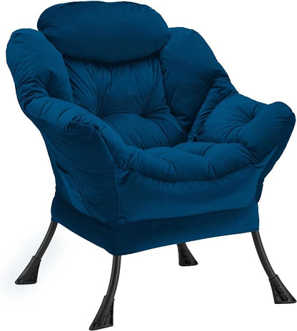 Lazy Chair Thick Padded, Accent Chair Velvet Upholstered with Wide Seat, Stable Metal Frame and Non-Slip Pad, Modern Sofa Armchair with Side Storage Bag for Dorm, Room, Office, Blue - LeafyLoom