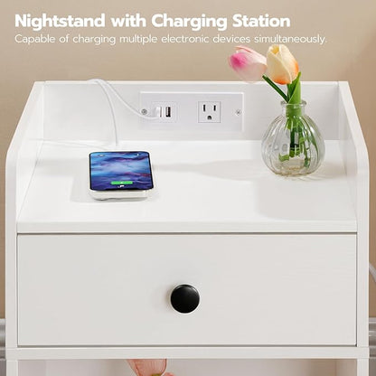 HOOBRO Nightstand with Charging Station, End Table with Drawer and Opening Shelf, Side Table with USB Ports and Outlets, Bedside Table for Bedroom, Small Night Stand Simple Style, White WT18UBZ01 - LeafyLoom