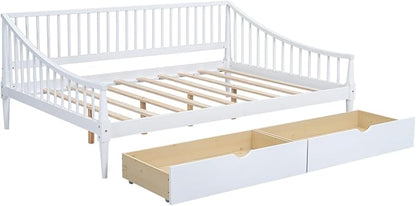 Full Size Daybed with Two Drawers,Solid Wood Storage Bed Frame W/Wooden Slat Support,Guide Rail Design on Three Sides,Easy to Assemble,for Bedroom Living Room,White - LeafyLoom