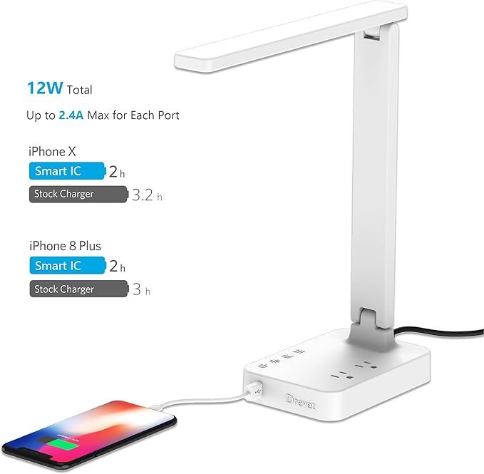 Drevet LED Desk Lamp, Desk Light with 1 USB Charging Port and 2 AC Power Outlet, 3 Lighting Modes, 3 Level Brightness,1H Timer, Touch Control, Eye-Caring Home Office Foldable Table Lamp (White) - LeafyLoom