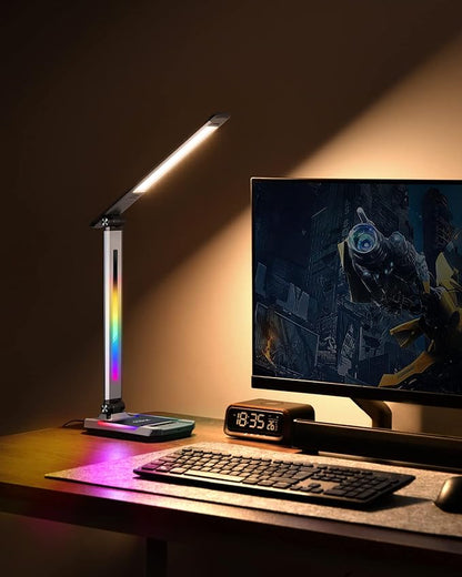 WILIT LED RGB Gaming Desk Lamp, Voice Activated Changing Colors Rhythm Light with Wireless Charger and USB Charging Port, Colorful Ambient Light Touch Table Lamp for Gaming, PC, Room Decoration - LeafyLoom