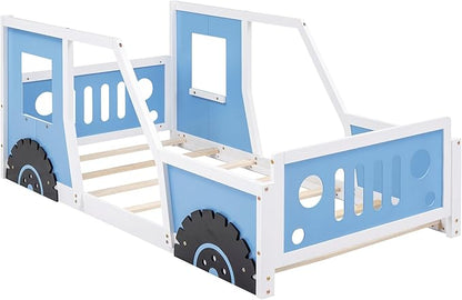 Twin Size Floor Bed for Kids, Race Car-Shaped Wooden Platform Montessori Bed Frame with Guardrail and Door for Boys Girls Child's Bedroom, Slats Included, No Spring Need (Blue) - LeafyLoom