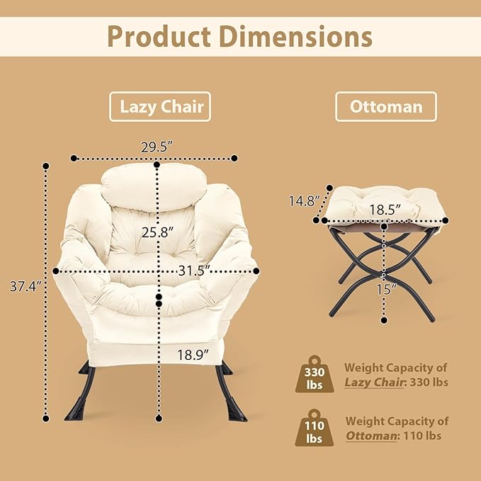 Lazy Chair with Folding Ottoman, Accent Chair Velvet Upholstered with Metal Structure and Non-Slip Pads, Sofa Armchair with Footrest and Side Storage Bag for Dorm, Room, Office, Beige - LeafyLoom