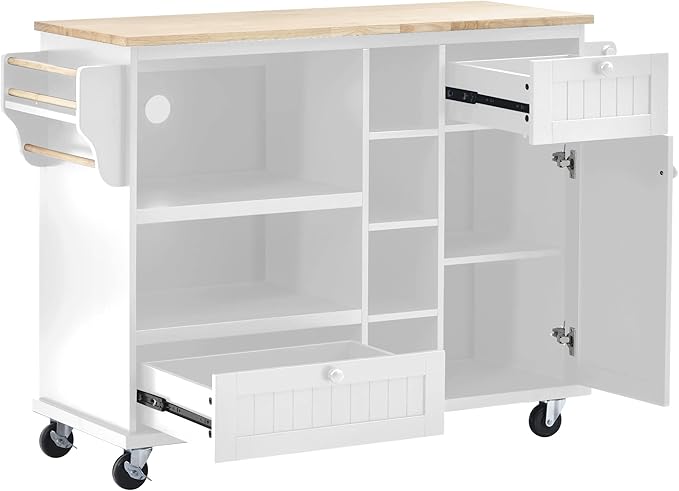 Mobile Cart with Storage Cabinet & Solid Wood Desktop, Kitchen Island on Wheels w/Adjustable Shelf and Drawer, Floor Standing Buffet Server Sideboard for Dining Room, Bar, White, 50.8 Inch - LeafyLoom