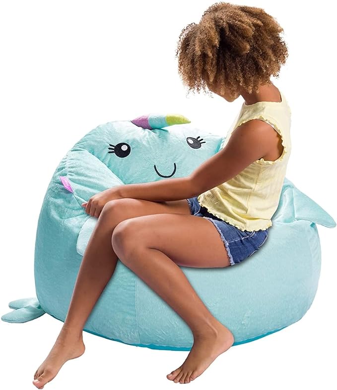 Posh Creations Cute Soft and Comfy Bean Bag Chair for Kids, Animal - Blue Narwal - LeafyLoom