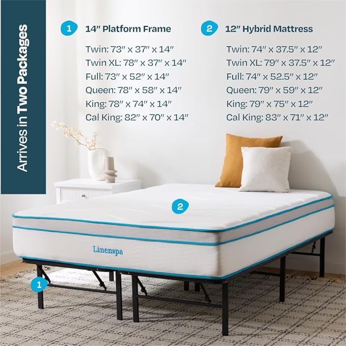 Linenspa 12” Memory Foam and Innerspring Hybrid Mattress + 14” Black Metal Platform Bedframe – Full Mattress + Metal Folding Full Bedframe - LeafyLoom