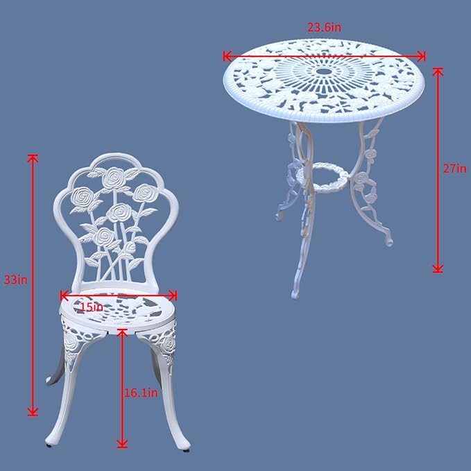 KAILI Outdoor Furniture Bistro Set with Rose Pattern 1 Table 2 Chairs for Garden Patio Porch (Rose-White) - LeafyLoom