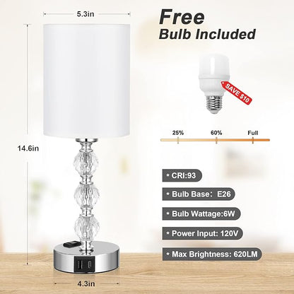 Touch Bedside Crystal Lamps for Bedrooms Nightstand with USB C+A Charging Port and AC Outlet White, 3 Way Dimmable Silver Small End Side Table Lamp for Living/Guest/Dinning Room/Kitchen - LeafyLoom