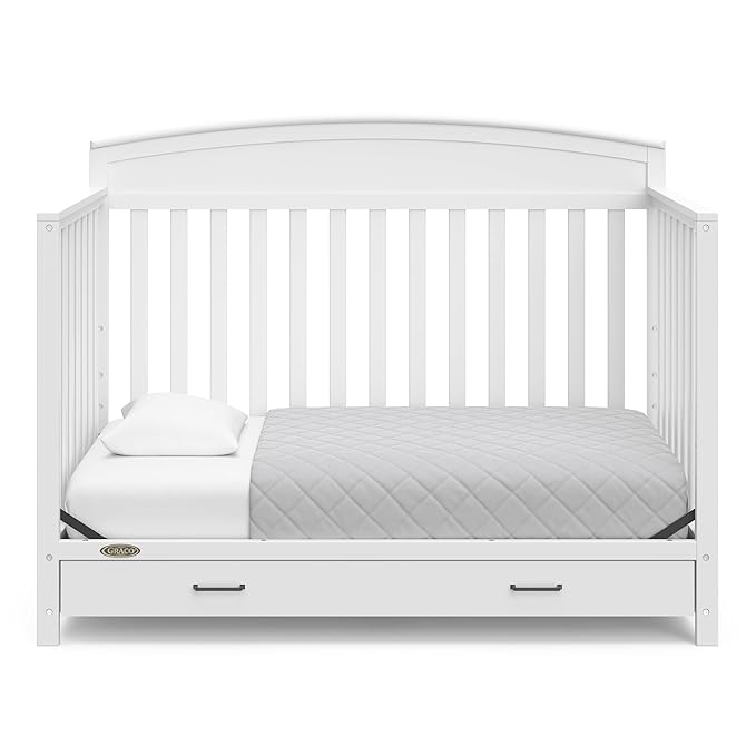 Graco Benton 5-in-1 Convertible Crib with Drawer (White) - Converts from Baby Crib to Toddler Bed, Daybed and Full-Size Bed, Fits Standard Full-Size Crib Mattress, Adjustable Mattress Support Base - LeafyLoom