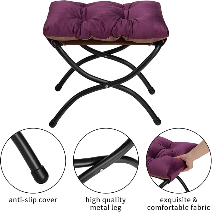 HollyHOME Fabric Lazy Chair with Foldable Ottoman, Accent Comfy Lounge Arm Chair and Folding Footrest Stool Set, Leisure Sofa Reading Chair and Footstool for Living Room, Bedroom, Dorm, Deep Purple - LeafyLoom