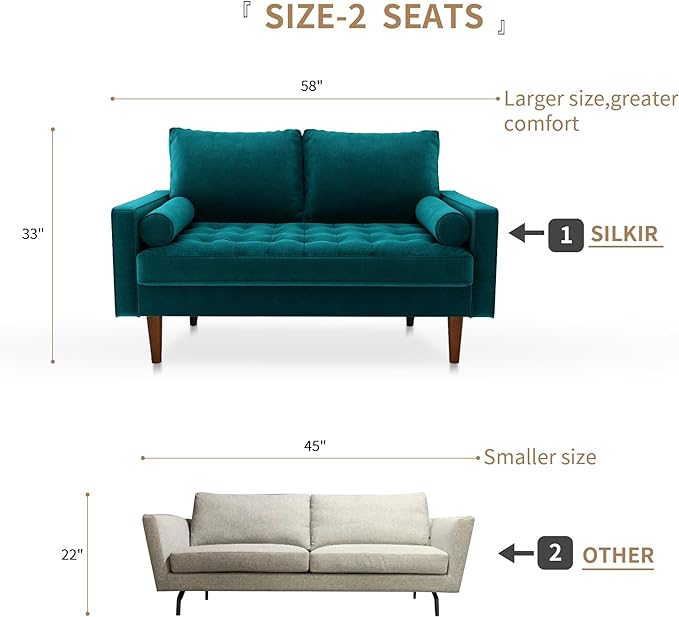 Velvet Furniture for Small Spaces, Mid-Century Modern Loveseats for Living Room, Love Seat Couch Sofas, 58 Inches, Teal Blue - LeafyLoom