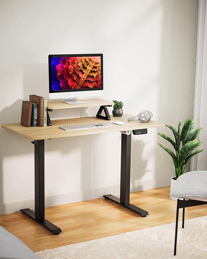 Memory Electric Height Adjustable Desk, Sit Stand Up Computer Workstation, 48 x 24 Inch Monitor Stand Study Table for Home Office, Maple - LeafyLoom