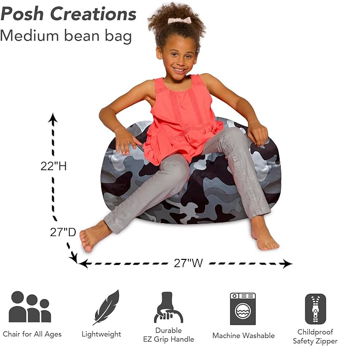 Posh Creations Bean Bag Chair for Kids, Teens, and Adults Includes Removable and Machine Washable Cover, Soft Nylon - Camo Gray and White, 27in - Medium - LeafyLoom