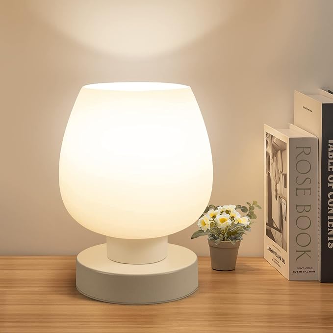 Touch Bedside Table Lamp - Modern Small Lamp for Bedroom Living Room Nightstand, Desk lamp with White Opal Glass Lamp Shade, Warm LED Bulb, 3 Way Dimmable, Simple Design Mother's Day Gifts - LeafyLoom