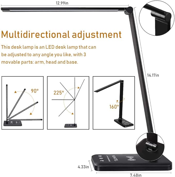 LED Desk Lamp with Wireless Charger, USB Charging Port, Dimmable Eye-Caring Desk Light with 5 Brightness Levels & 5 Lighting Modes, Touch Control, Auto Timer (Black) - LeafyLoom