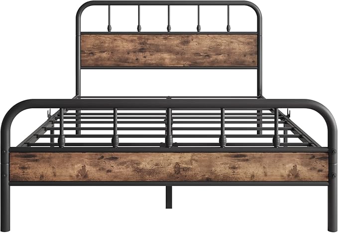 Full Size Metal Bed Frame with Rustic Vintage Wood Headboard and Footboard,Strong Metal Slats Support,No Box Spring Needed,Black - LeafyLoom