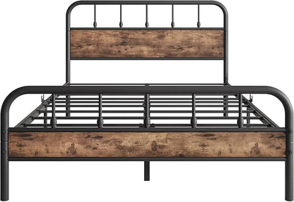 Full Size Metal Bed Frame with Rustic Vintage Wood Headboard and Footboard,Strong Metal Slats Support,No Box Spring Needed,Black - LeafyLoom