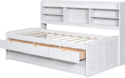 Twin Size Captain Bed with 3 Storage Drawers and Trundle, Wood Twin Bed Frame with Built-in Bookshelves for Kids Teens Adults, White Wash - LeafyLoom