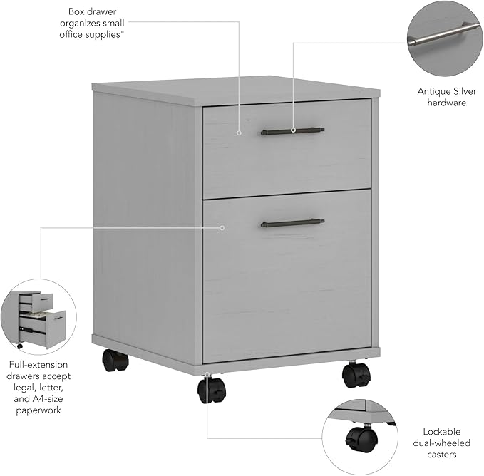 Bush Furniture Key West 2 Drawer Rolling File Cabinet in Cape Cod Gray, Mobile Organization for Home Office, Small Under Desk Storage on Wheels - LeafyLoom