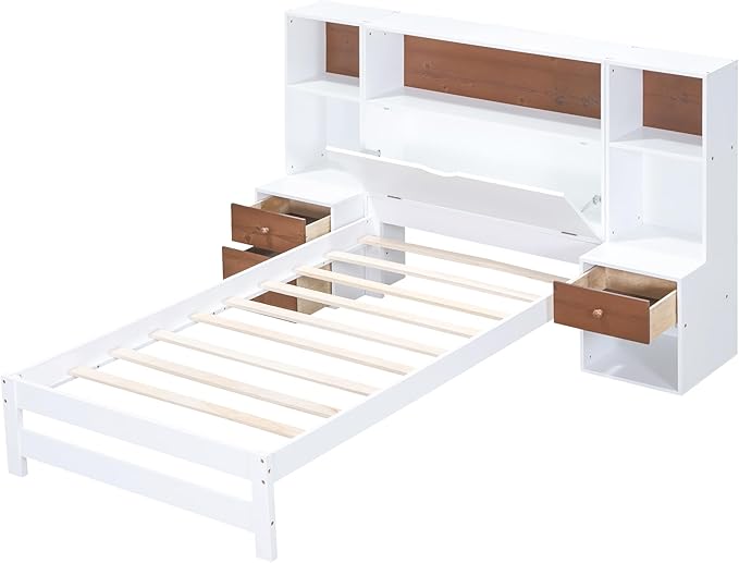 Merax Wood Bed Frame with Storage Headboard and Drawers, Twin Size Platform Bed with Nightstands, No Box Spring Needed White - LeafyLoom