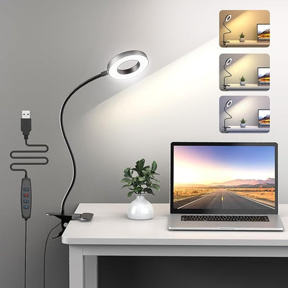 KEXIN Clip on Table Lamp 3 Color Modes 10 Brightness Eye-Caring Clamp Light Dimmable Reading Lamp 360° Rotatable Metal Gooseneck Desk Lamp Clamp Lamp Portable Small Desk Lamp for Home Office Work Lamp - LeafyLoom