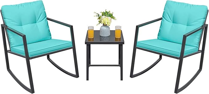 Greesum 3 Pieces Rocking Wicker Bistro Set, Patio Outdoor Furniture Conversation Sets with Porch Chairs and Glass Coffee Table, Blue - LeafyLoom