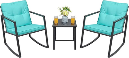 Greesum 3 Pieces Rocking Wicker Bistro Set, Patio Outdoor Furniture Conversation Sets with Porch Chairs and Glass Coffee Table, Blue - LeafyLoom