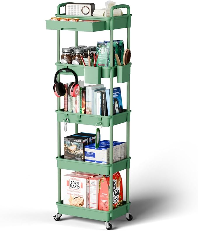 5 Tier Small Rolling Cart Organizer,Bathroom Cart Organizers with Wheels Laundry Room Organization Mobile Shelving Unit Utility Cart Storage Shelves Multi-Functional for Office, Home(Green) - LeafyLoom