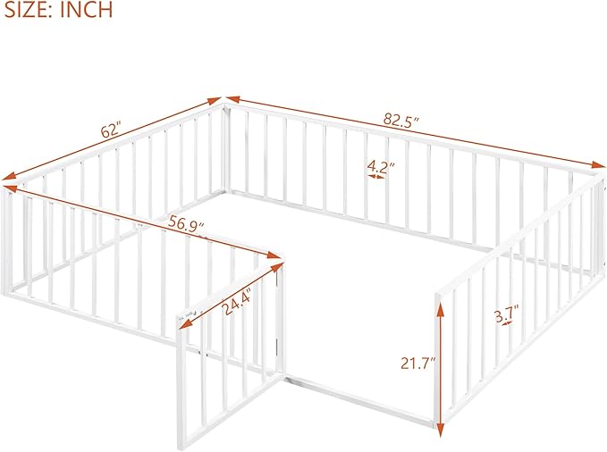 RITSU Queen Size Metal Floor Fence Bed, Montessori Bedframe, with Safety Guardrail and Door, for Children Bedroom, Boys Girls, Apartment, Strong & Durable, Easy to Assemble, White - LeafyLoom