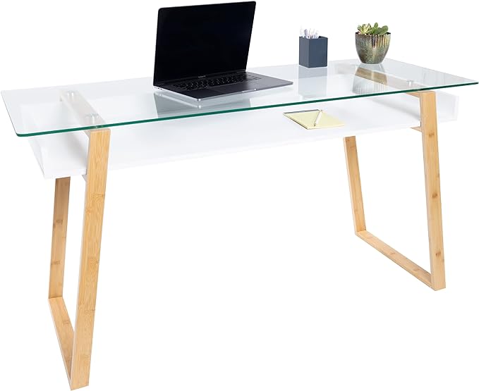 bonVIVO Massimo Small Desk - 55 Inch, Modern Computer Desk for Small Spaces, Living Room, Office and Bedroom - Study Table w/Glass Top and Shelf Space - White - LeafyLoom