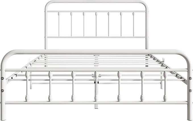 Vintage Queen Size Bed Frame with Headboard and Footboard Mattress Heavy Duty Metal Platform Bed Frame Steel Slat Support (Queen, White) - LeafyLoom