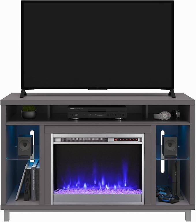 Ameriwood Home Lumina Fireplace TV Stand for TVs up to 48 Inch, Replaceable Electric Fireplace Insert Heater, Remote Control, Timer, Color Changing LED Lights, Crystal Ember Flames, Graphite Gray - LeafyLoom