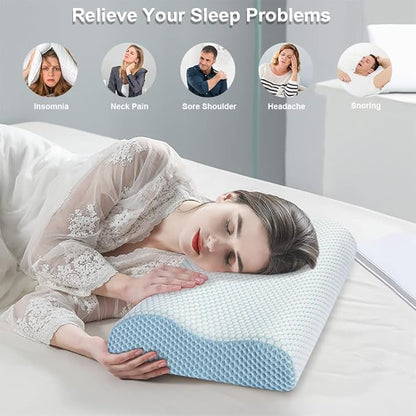 Anvo Memory Foam Pillow, Neck Contour Cervical Orthopedic Pillow for Sleeping Side Back Stomach Sleeper, Ergonomic Bed Pillow for Neck Pain - Blue White, Soft - LeafyLoom