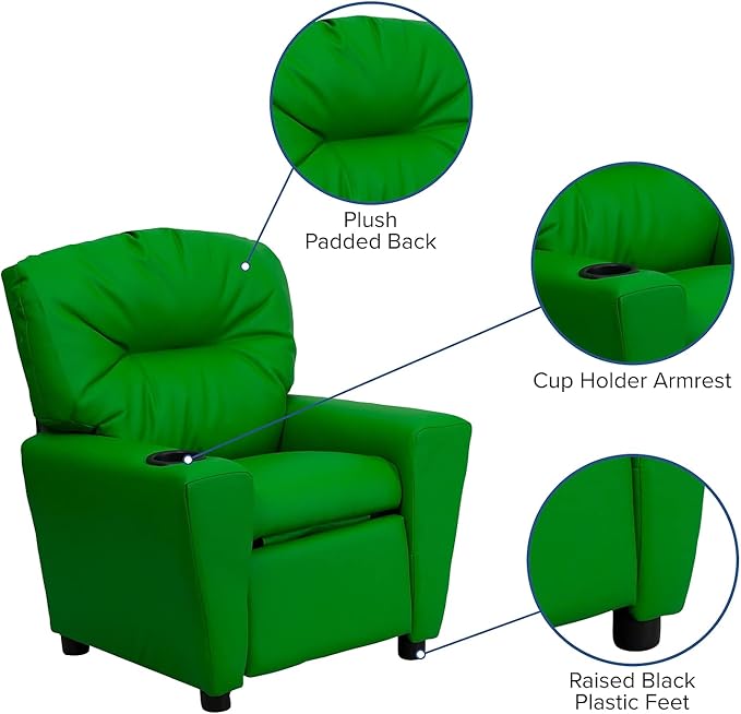 Flash Furniture Chandler Vinyl Kids Recliner with Cup Holder and Safety Recline, Contemporary Reclining Chair for Kids, Supports up to 90 lbs., Green - LeafyLoom