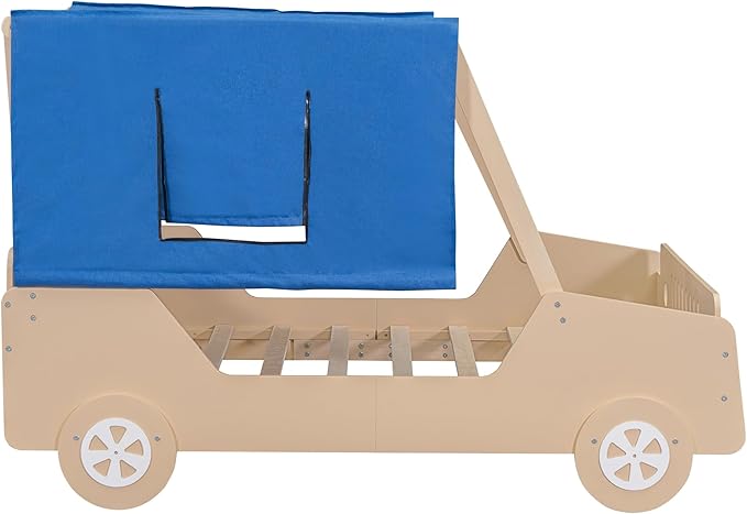 Twin Size Race Jeep Car Bed Platform Bed with Tent Canopy and Wheels,Wood Bed Frame W/Raised Bed Design,for Kids Boys Girls Teens,White - LeafyLoom