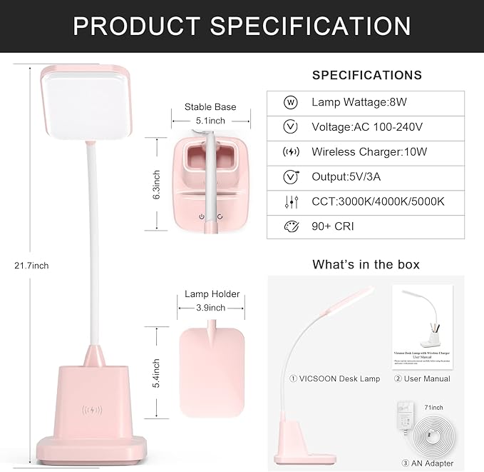 Desk Lamps for Home Office, LED Desk Lamp with Wireless Charger Pencil Holder, 3 Color Modes Dimming Desk Light for College Dorm Room, Girls Study Lamp with CRI 90+ 800 Lumen - Pink - LeafyLoom