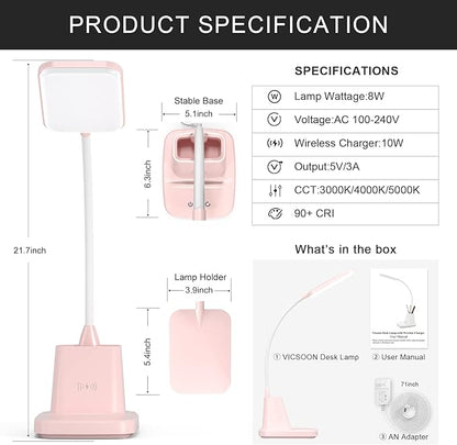 Desk Lamps for Home Office, LED Desk Lamp with Wireless Charger Pencil Holder, 3 Color Modes Dimming Desk Light for College Dorm Room, Girls Study Lamp with CRI 90+ 800 Lumen - Pink - LeafyLoom