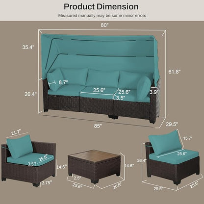 6 PCS Outdoor Patio Furniture Set,Sectional Sofa Set,Rattan Daybed with Retractable Canopy,Adjustable Backrest,Storage Coffee Table,Chaise Chair Sunbed for Garden Poolside Backyard(Walnut Green) - LeafyLoom