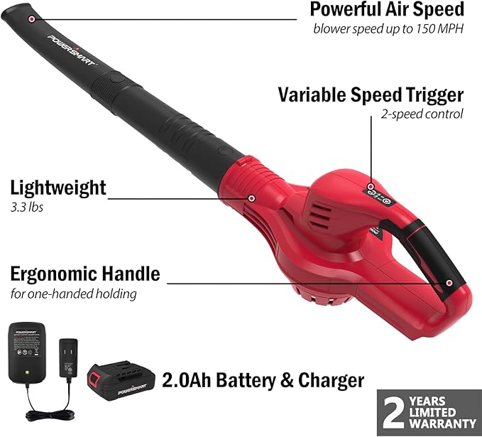 PowerSmart Cordless Leaf Blower with Battery and Charger, 2 Speed Mode, 20V Electric Lightweight Small Battery Powered Leaf Blower for Lawn Care, Patio, Jobsite - LeafyLoom